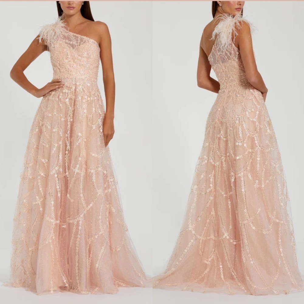New Mac Duggal 20389 Beaded One Shoulder Feather Maxi Dress Gown Peach Sz 4